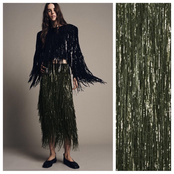 NWT. Zara ZW Collection Limited Edition Green Sequin Pencil Skirt. Size XS. - Picture 2 of 11